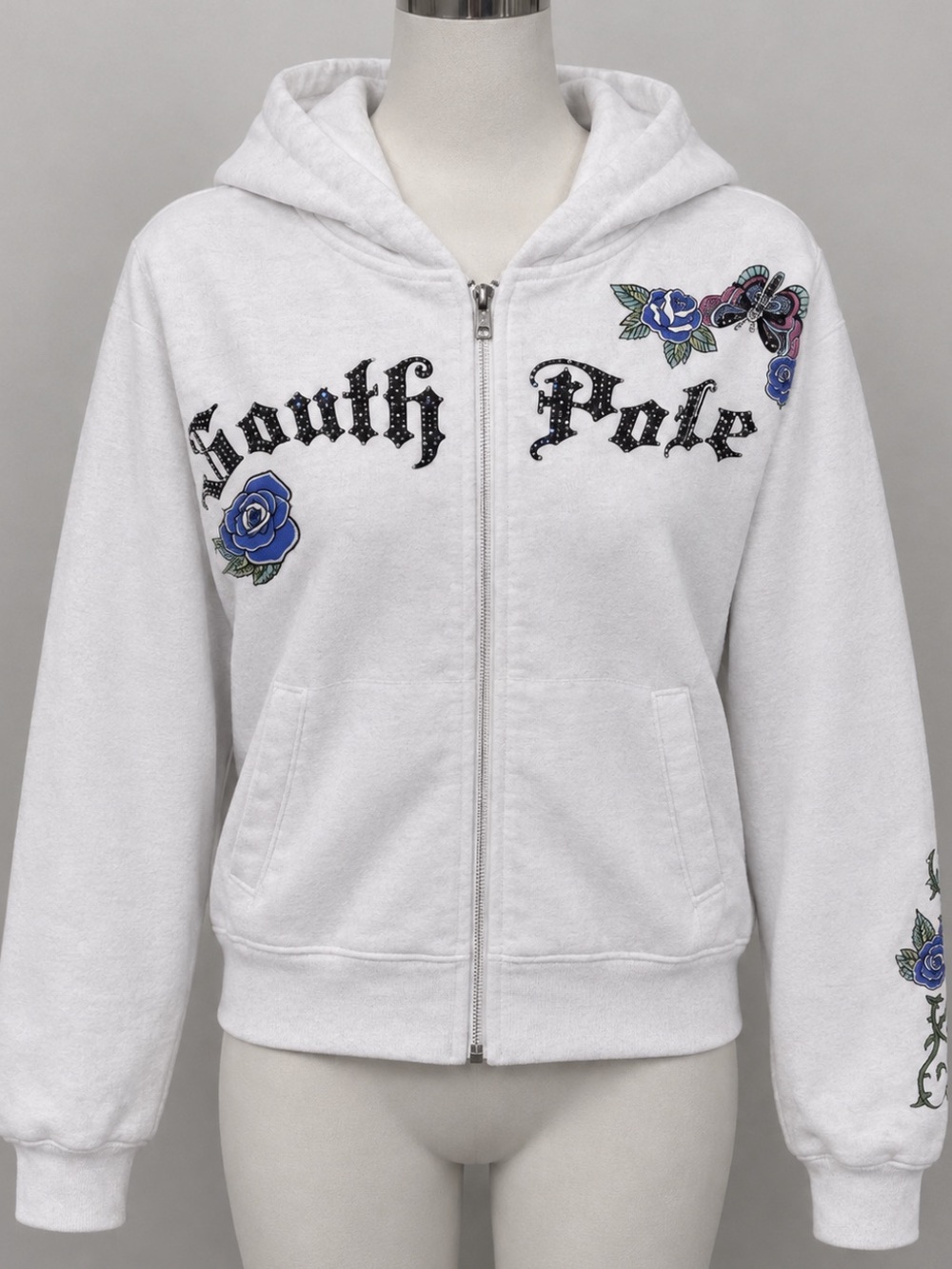 South Pole womens White Zip Hoodie with Blue Floral Embroidery